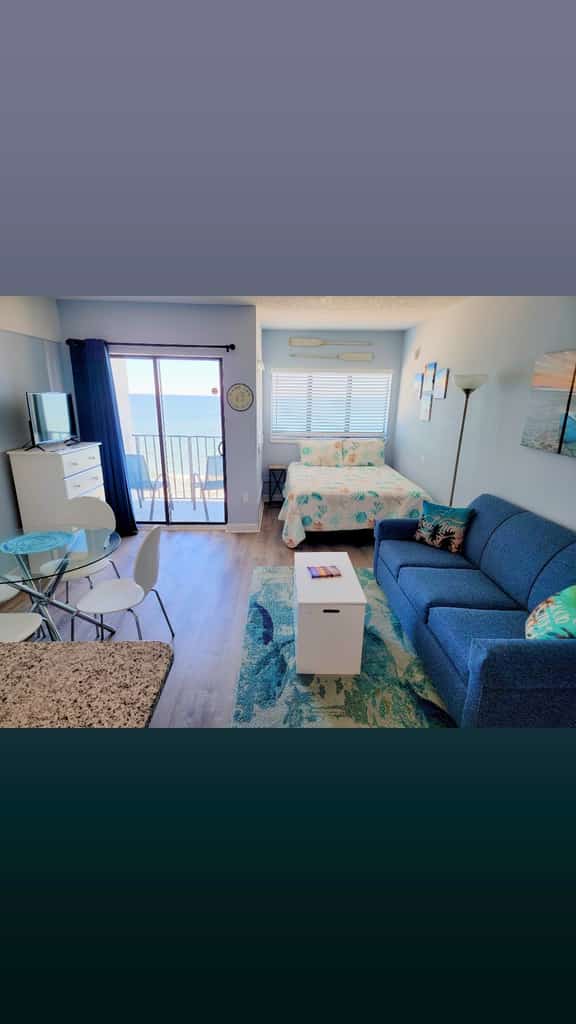The search for your next vacation stops here! Check out this 6th floor, fully updated, studio apartment at The Palace Resort in Myrtle Beach. This oceanfront condo is fully furnished with 1 queen-size bed and 1 queen size sleeper sofa. The layout of this rental will comfortably accommodate 4 guests.

This unique layout offers ample living space for our guests. Other rentals at the resort are much smaller, but this layout features an open floor plan and doesn't feel cramped. This studio offers fresh paint as of Spring 2021, beachy decor, modern furniture, laminate floors, and endless views of the Atlantic Ocean!