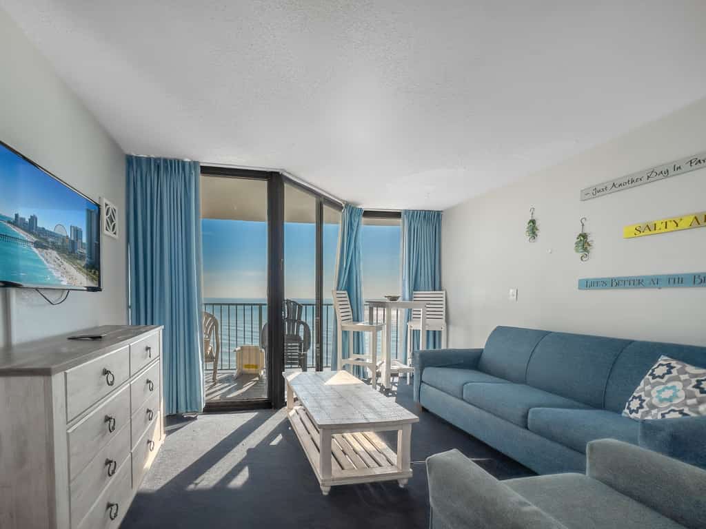 This is an 11th floor suite at the Sand Dunes Resort in Myrtle Beach, SC. This ocean front apartment is fully furnished with 2 queen beds, dresser and closet for storage, TV with basic cable, complimentary wifi, private bathroom with tub or shower and vanity, and a fully functioning kitchen. In addition to the beautiful, modern updates inside, this condo has its own private balcony with table and chairs from which past guests have enjoyed spotting dolphins and watching beautiful sunsets!