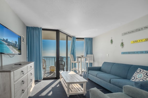 This is an 11th floor suite at the Sand Dunes Resort in Myrtle Beach, SC. This ocean front apartment is fully furnished with 2 queen beds, dresser and closet for storage, TV with basic cable, complimentary wifi, private bathroom with tub or shower and vanity, and a fully functioning kitchen. In addition to the beautiful, modern updates inside, this condo has its own private balcony with table and chairs from which past guests have enjoyed spotting dolphins and watching beautiful sunsets!