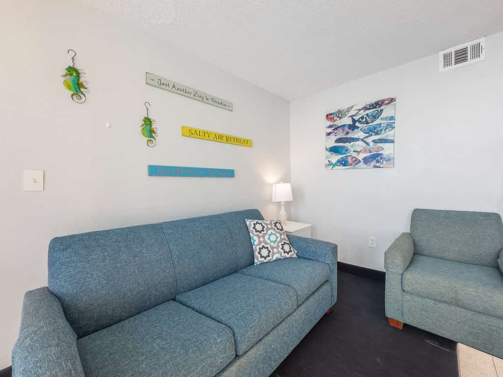 This is an 11th floor suite at the Sand Dunes Resort in Myrtle Beach, SC. This ocean front apartment is fully furnished with 2 queen beds, dresser and closet for storage, TV with basic cable, complimentary wifi, private bathroom with tub or shower and vanity, and a fully functioning kitchen. In addition to the beautiful, modern updates inside, this condo has its own private balcony with table and chairs from which past guests have enjoyed spotting dolphins and watching beautiful sunsets!