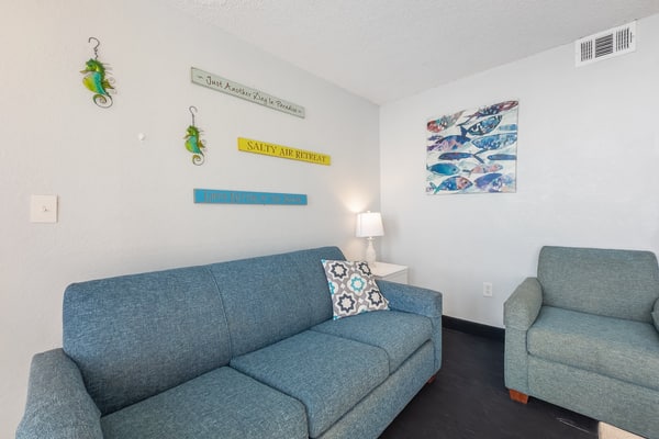 This is an 11th floor suite at the Sand Dunes Resort in Myrtle Beach, SC. This ocean front apartment is fully furnished with 2 queen beds, dresser and closet for storage, TV with basic cable, complimentary wifi, private bathroom with tub or shower and vanity, and a fully functioning kitchen. In addition to the beautiful, modern updates inside, this condo has its own private balcony with table and chairs from which past guests have enjoyed spotting dolphins and watching beautiful sunsets!