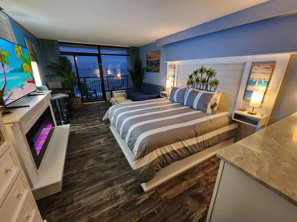 The search for your next vacation stops here! Check out this 8th floor, direct oceanfront condo at the Landmark Resort in Myrtle Beach. This condo is fully furnished with 1 king bed, 1 full sized sleeper sofa, and will comfortably accommodate 4 guests. Our guests enjoy having their own private balcony where they can relax and enjoy the views of the ocean.