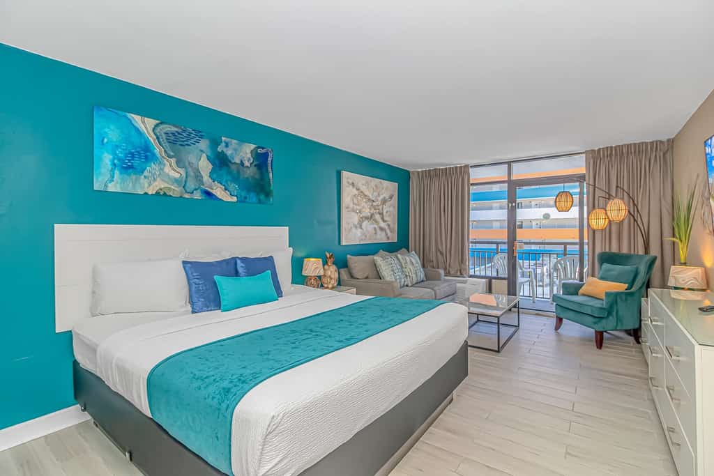 The search for your next vacation stops here! Check out this 7th floor condo at the Landmark in Myrtle Beach. This beautifully updated suite is fully furnished with 1 king bed, and will comfortably accommodate 2 guests. As of Spring 2023, this vacation rental has been updated with new paint, new modern furniture, new lvp flooring throughout, and new modern decor. Our guests enjoy having their own private balcony where they can relax and enjoy the fresh air and views of the interior courtyard.