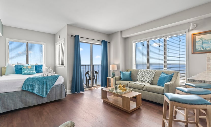 The search for your next vacation stops here! Check out this 15th floor oceanfront studio apartment at The Palace Resort in Myrtle Beach. This oceanfront condo is fully furnished with 1 queen size bed,1 queen-size sleeper sofa, and will comfortably accommodate 4 guests. This unique layout offers ample living space for our guests. Other rentals at the resort are much smaller, but this layout features an open floor plan and doesn't feel cramped. This studio offers stunning views of the Atlantic Ocean!