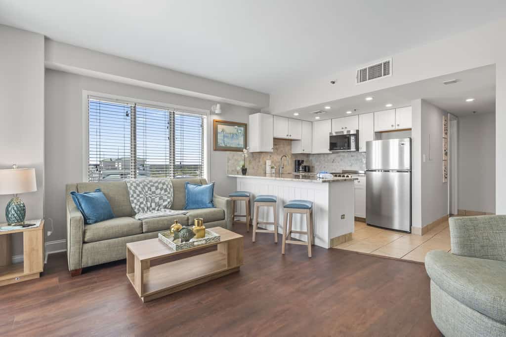 The search for your next vacation stops here! Check out this 15th floor oceanfront studio apartment at The Palace Resort in Myrtle Beach. This oceanfront condo is fully furnished with 1 queen size bed,1 queen-size sleeper sofa, and will comfortably accommodate 4 guests. This unique layout offers ample living space for our guests. Other rentals at the resort are much smaller, but this layout features an open floor plan and doesn't feel cramped. This studio offers stunning views of the Atlantic Ocean!