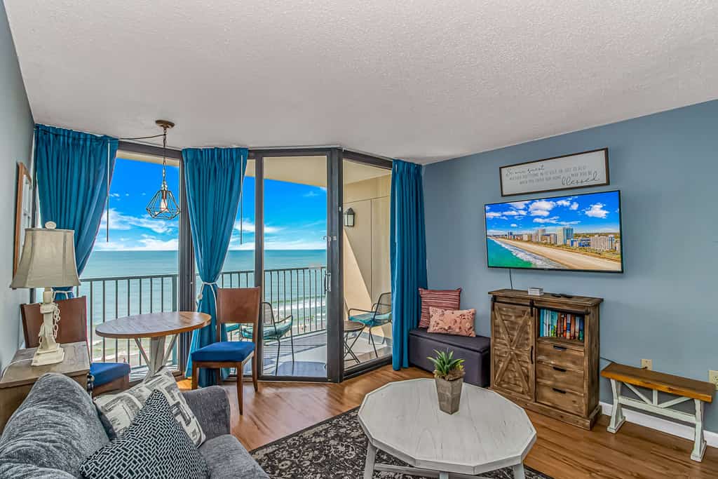 Check out this direct oceanfront, 1-bedroom condo located at the Sand Dunes Resort in Myrtle Beach, SC. This condo is fully furnished with everything you will need and features beautiful flooring and decor. Many condos have carpeting, but this unit has been nicely updated with laminate flooring. This condo includes one new king size bed, one sleeper sofa, and will accommodate up to 4 guests comfortably.