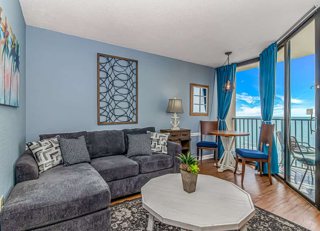 Check out this direct oceanfront, 1-bedroom condo located at the Sand Dunes Resort in Myrtle Beach, SC. This condo is fully furnished with everything you will need and features beautiful flooring and decor. Many condos have carpeting, but this unit has been nicely updated with laminate flooring. This condo includes one new king size bed, one sleeper sofa, and will accommodate up to 4 guests comfortably.