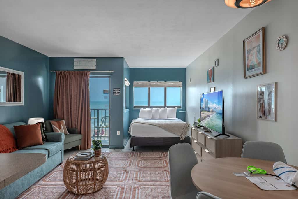 Enjoy stunning oceanfront views from this beautifully updated 3rd-floor studio at The Palace Resort! Recently refreshed with fresh paint, new furniture, and coastal décor, this spacious condo sleeps up to 4 guests with a queen bed and queen sleeper sofa. Features include an oversized kitchen, private oceanfront balcony, free Wi-Fi, beach access, and resort amenities. Conveniently located near the airport, shopping, dining, golf, and Myrtle Beach attractions. (486 characters)