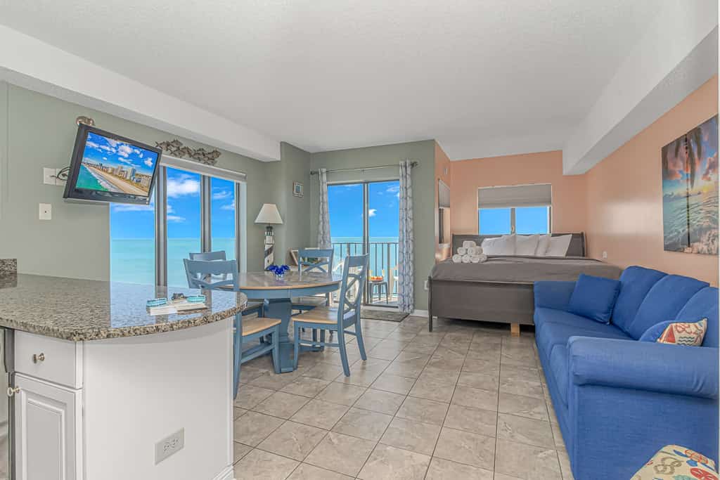 The search for your next vacation stops here! Check out this 14th floor, recently updated, studio apartment at The Palace Resort in Myrtle Beach. This oceanfront condo is fully furnished with 1 king size bed, 1 new queen size sleeper sofa and will comfortably accommodate up to 4 guests. The condo also offers a fully equipped kitchen with a microwave, stove/oven, full-size refrigerator, Keurig coffee maker, dishes, pots/pans, silverware, cooking utensils, and more!