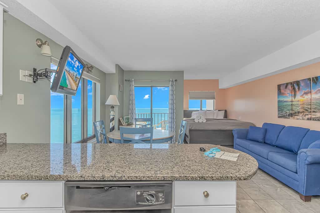The search for your next vacation stops here! Check out this 14th floor, recently updated, studio apartment at The Palace Resort in Myrtle Beach. This oceanfront condo is fully furnished with 1 king size bed, 1 new queen size sleeper sofa and will comfortably accommodate up to 4 guests. The condo also offers a fully equipped kitchen with a microwave, stove/oven, full-size refrigerator, Keurig coffee maker, dishes, pots/pans, silverware, cooking utensils, and more!