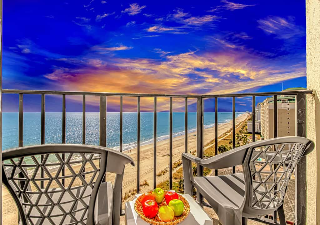 Check out this beautifully renovated, modern escape located on the 10th floor of the Palace Resort. Palace 1005 is an angled oceanview studio, offering stunning views of the Atlantic while also giving you a glimpse of the sparkling lights of Myrtle Beach. This stylish retreat is furnished with a queen-sized bed and a queen-sized sleeper sofa, comfortably accommodating up to 4 guests.