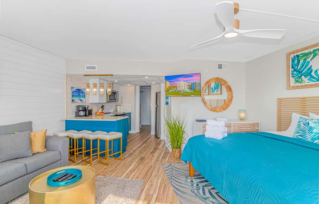 Looking for a stunning, newly renovated vacation rental? Your search ends here! Welcome to this 7th-floor, direct oceanfront 2 bedroom condo at St. Clements Resort in Myrtle Beach. Fully furnished, this condo includes a king-sized bed found in the living space that doubles as a bedroom, a sleeper sofa, and a queen-sized bed, comfortably accommodating up to 6 guests.