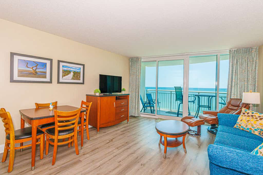 Check out this 16th floor oceanfront vacation rental at Sandy Beach Resort in Myrtle Beach, SC. This oceanfront vacation rental is fully furnished with everything you need for your next vacation. This apartment features 2 queen beds, and 1 full-size murphy bed, and will comfortably accommodate 6 guests. This rental is a 1-bedroom condo which allows for privacy and separation from the main living space and sleeping area. This condo offers a private balcony with endless views of the Atlantic Ocean.