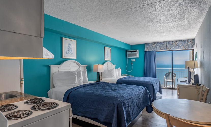 Wake up to breathtaking Atlantic Ocean views from this beautifully renovated 9th floor oceanfront suite in the Tides Building. Featuring two comfortable queen beds, this inviting retreat is perfect for couples, friends, or small families seeking a relaxing Myrtle Beach getaway. Best of all, you're just steps from the beach, making it easy to go from your room to the sand in only a couple of minutes.
Free WiFi and cable are included.
Please note that resort pools are currently unavailable for guest use with no anticipated reopening date.