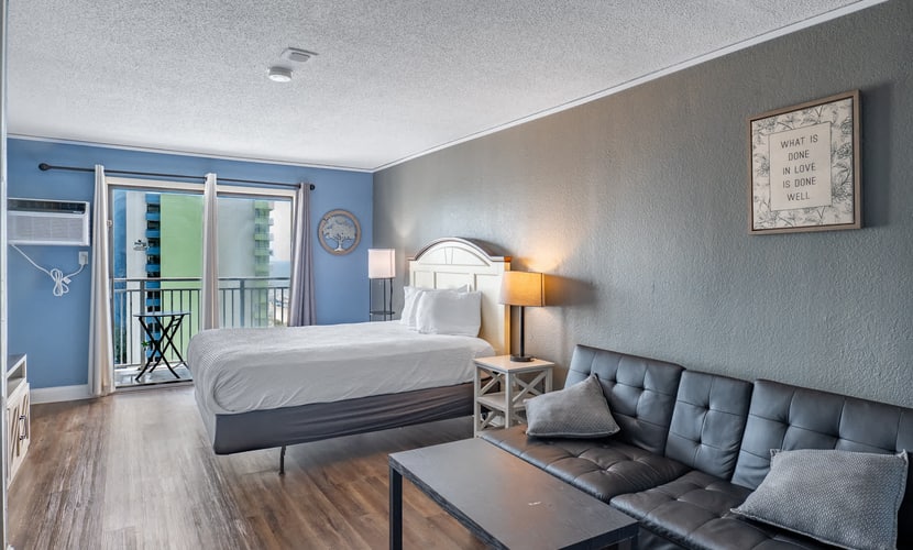 Escape to this cozy ocean-view studio on the 11th floor of the Sea Mist Resort in Myrtle Beach. Perfect for up to four guests, the condo features a full-size bed, a futon that converts into a bed, a private balcony with beautiful Atlantic Ocean views, and a convenient kitchenette for preparing light meals. Whether you're planning a romantic getaway, a family vacation, or a beach trip with friends, you'll enjoy a comfortable stay just steps from the sand and close to Myrtle Beach's best dining, shopping, and attractions.
Please note: The resort pools are currently unavailable for guest use and there is no anticipated reopening date.