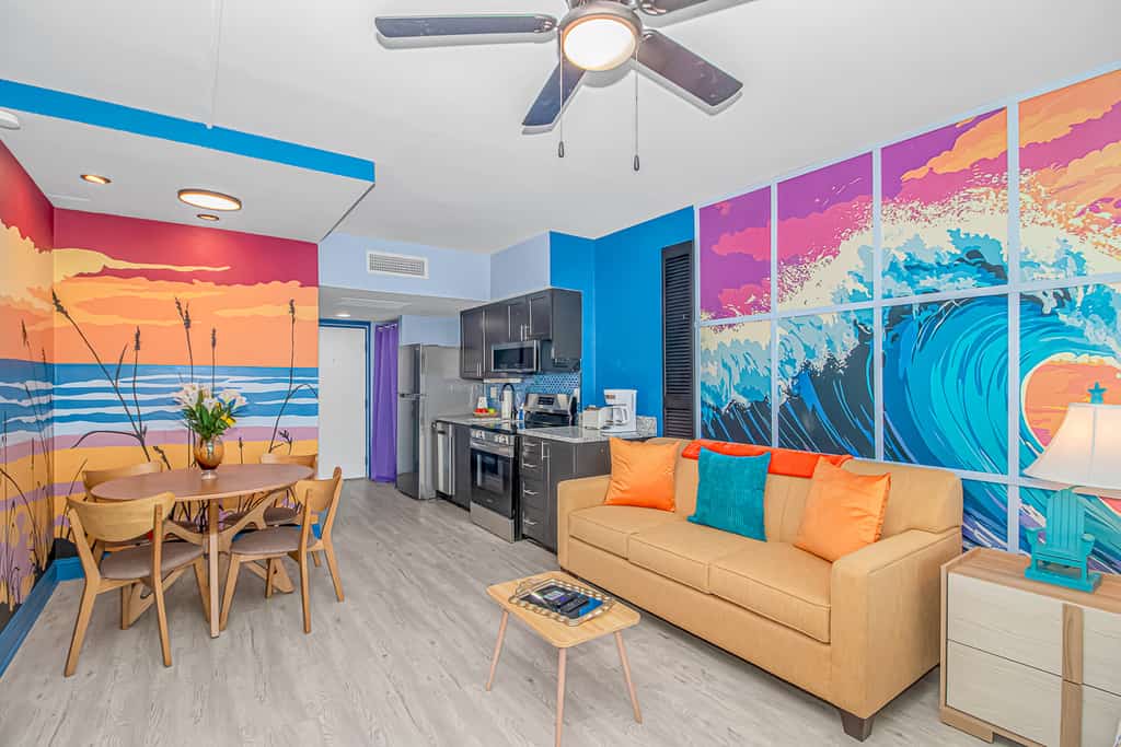 Welcome to Sunset Waves! This beautifully renovated oceanfront studio is perched on the 5th floor of the iconic Yachtsman Resort South Tower, placing you right in the heart of Myrtle Beach. Just steps from the lively Myrtle Beach Boardwalk and within walking distance to favorites like the Myrtle Beach SkyWheel, this stylish retreat is the perfect spot for up to 4 guests to relax, explore, and make unforgettable beach memories.