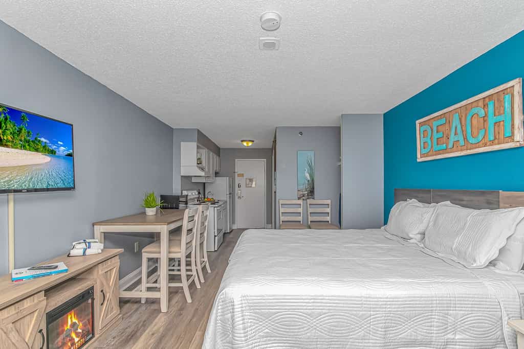 Located on the 14th floor of the Driftwood Tower at the Sea Mist Resort, this condo has an expansive ocean view looking North Eastward along the beach. Coupled with the sight and sound of the ocean, you can relax inside or on the balcony and watch a spectacular morning sunrise or some evening fireworks. The condo will comfortably accommodate 4 guests with one king size bed, and a queen size pullout sleeper sofa. There is a full bathroom, and a full kitchen to include a microwave, coffee maker, toaster, slow cooker and all the basic cookware and cooking utensils you may need to cook a meal or a small snack easily from your room!

Free Wi-Fi and Cable are available.

Unfortunately, all pools are currently unavailable for guest use with no anticipated reopening date.