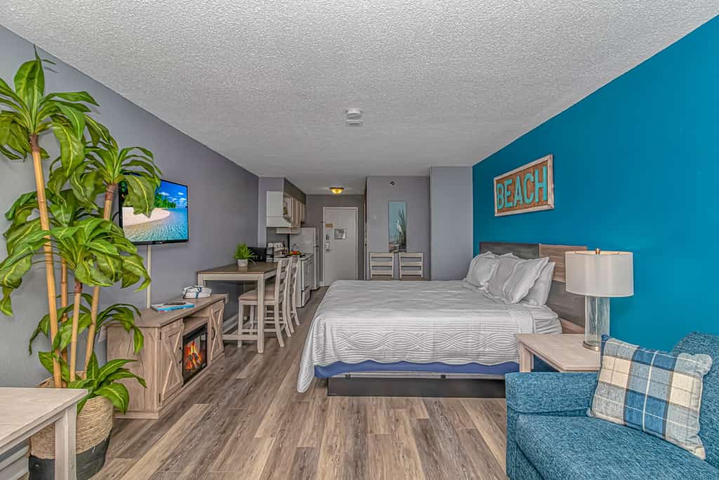 Located on the 14th floor of the Driftwood Tower at the Sea Mist Resort, this condo has an expansive ocean view looking North Eastward along the beach. Coupled with the sight and sound of the ocean, you can relax inside or on the balcony and watch a spectacular morning sunrise or some evening fireworks. The condo will comfortably accommodate 4 guests with one king size bed, and a queen size pullout sleeper sofa. There is a full bathroom, and a full kitchen to include a microwave, coffee maker, toaster, slow cooker and all the basic cookware and cooking utensils you may need to cook a meal or a small snack easily from your room!

Free Wi-Fi and Cable are available.

Unfortunately, all pools are currently unavailable for guest use with no anticipated reopening date.