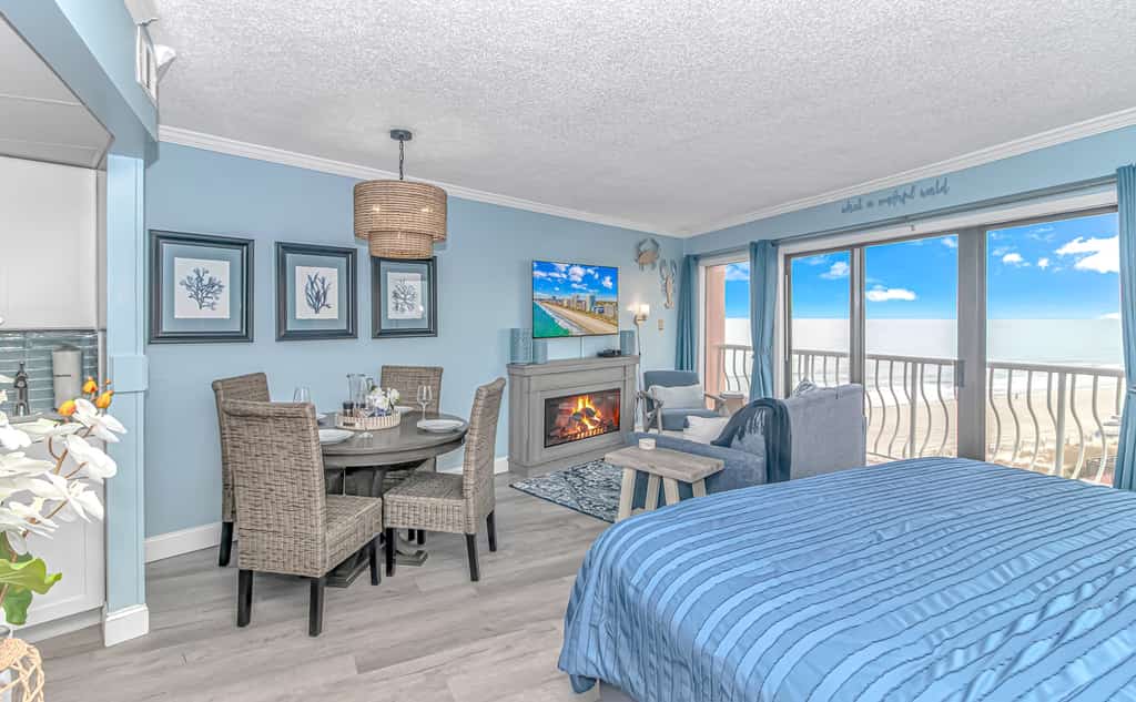 Discover your next getaway at this stunning oceanfront one bedroom at The Caravelle Resort in the landmark, St. Clements building. The historic "Pink Building" has a most unique shape offering a wide open floor plan with stunning views from the floor to ceiling windows and your private 19' balcony where the sunsets are a favorite. Through out you will enjoy a crisp clean, newly furnished space designed for relaxing and enjoying "The Golden Mile", the best Myrtle Beach has to offer.