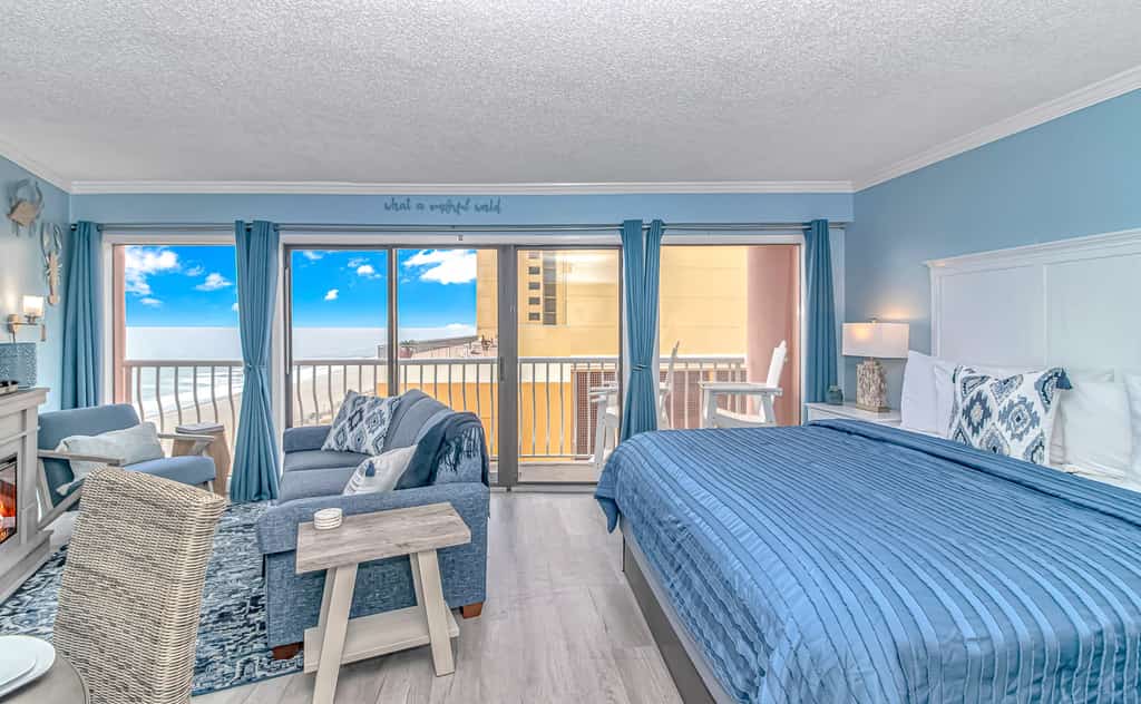 Discover your next getaway at this stunning oceanfront one bedroom at The Caravelle Resort in the landmark, St. Clements building. The historic "Pink Building" has a most unique shape offering a wide open floor plan with stunning views from the floor to ceiling windows and your private 19' balcony where the sunsets are a favorite. Through out you will enjoy a crisp clean, newly furnished space designed for relaxing and enjoying "The Golden Mile", the best Myrtle Beach has to offer.