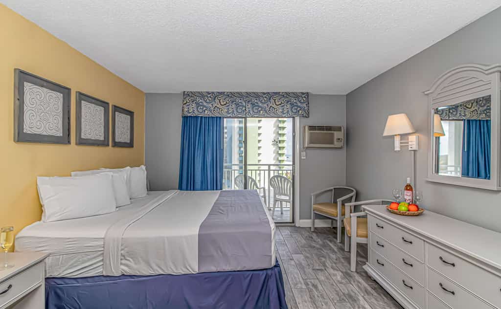 This 9th-floor unit offers gorgeous North-facing views and a cozy, comfortable setup perfect for your Myrtle Beach stay. Inside, you&rsquo;ll find a spacious king bed, a full-size sleeper sofa, a private balcony to take in the view, cable TV, resort Wi-Fi, a dining table for meals or work, and adjustable AC/heat to keep things just the way you like them.



Free Wi-fi and Cable are available.

Unfortunately, all pools are currently unavailable for guest use with no anticipated reopening date.