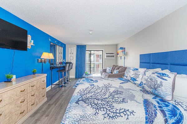 This beautiful ocean view studio, located at the Sea Mist Resort in the Driftwood Tower, offers the perfect getaway. The condo features one king-sized bed and a queen-sized sleeper sofa, comfortably accommodating up to 4 guests. Whether you’re here for a quick retreat or an extended stay, you’ll feel right at home.
Smoking AND Vaping are not allowed.
Unfortunately, all pools are currently unavailable for guest use with no anticipated reopening date.