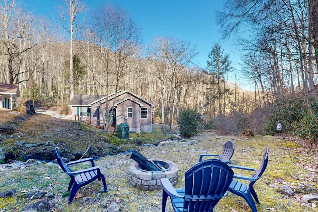 Mountain view home with a fireplace with beautiful view of the creek