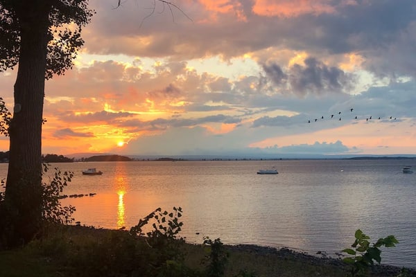 Lakeside retreat with grill, fireplace, W/D, AC & sunset views - dog-friendly