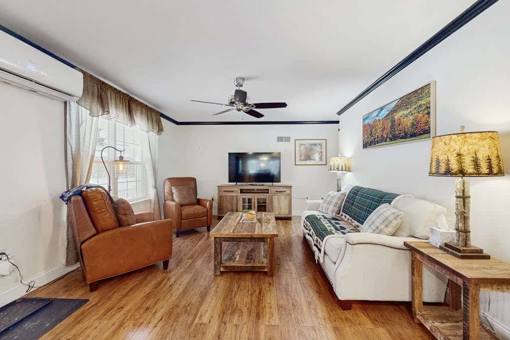 Riverfront, dog-friendly, mountain views, a/c, deck, ski nearby, gas stove, w/d