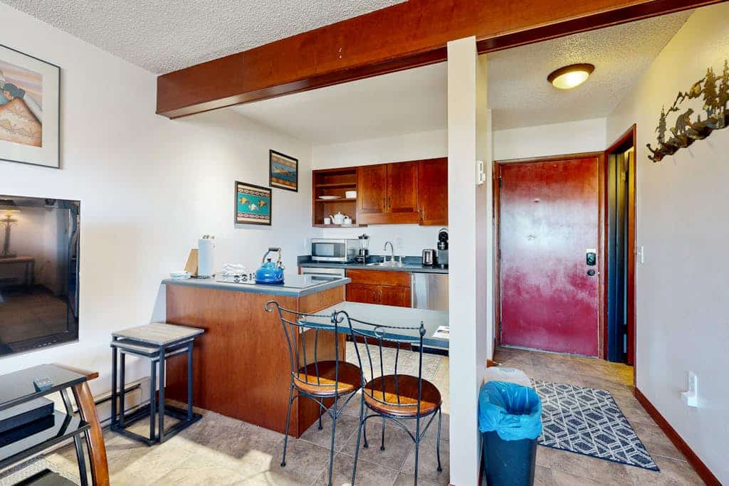 Riverfront studio with mtn view, balcony, & fireplace
