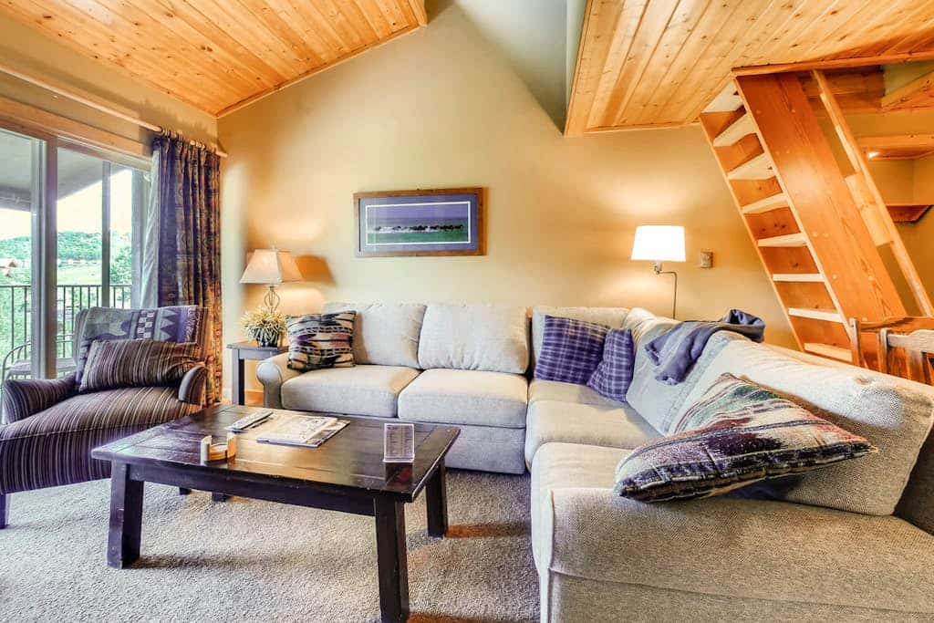 Lofted family condo with ski-in/ski-out access, trails outside, & shared hot tub