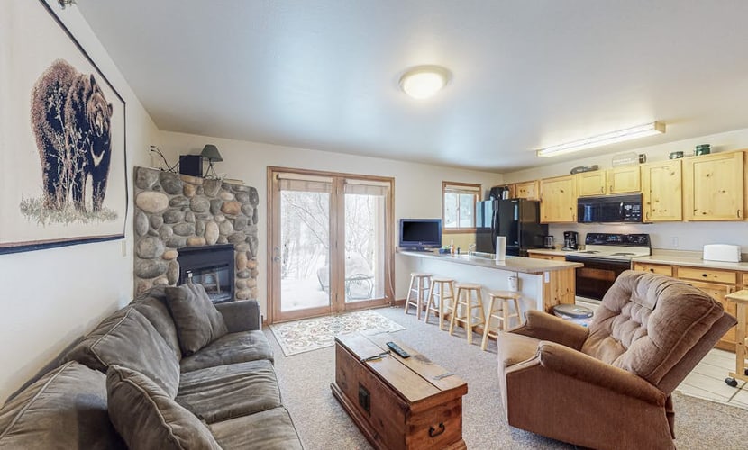 Riverfront condo with free wifi, fireplace, patio, & gas grill