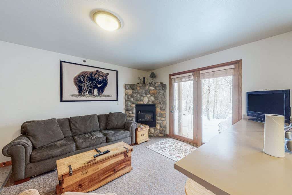 Riverfront condo with free wifi, fireplace, patio, & gas grill
