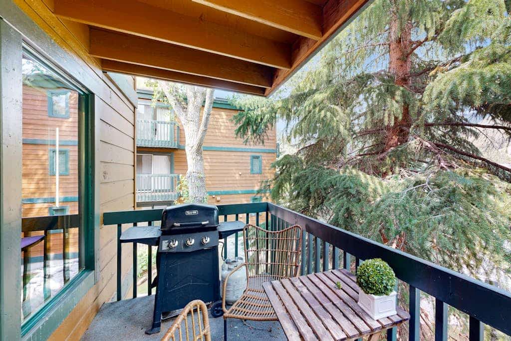Mountain-view condo with wood-burning fireplace, pool access, W/D & balcony