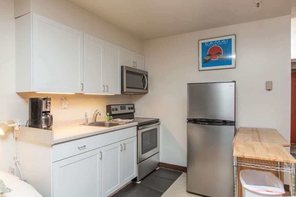 A premium ski-in/ski-out studio condo with Mt. Alyeska filling the windows and the world-famous Bake Shop located directly inside the building. Positioned in the absolute heart of the slope-side action, this condo lets you track first powder lines before the crowds arrive. The layout is priced exactly right for alpine utility, offering a private mountain-view balcony, a well-equipped kitchenette, a flat-screen TV for snowy nights, and high-speed WiFi to check local weather telemetry. Walk out your door to the lifts, walk to dinner at Jack Sprat or Sitzmark, and walk back. Standard Specs: Well-equipped kitchenette, private viewing deck, flat-screen TV, high-speed WiFi, and keypad entry. Parking space for up to two vehicles. True ski-in/ski-out access. Sleeps 3.