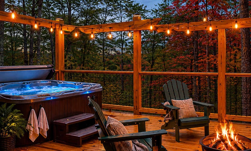 Mountain magic home meets cozy comfort w/two gas fire pits & bubbling hot tub