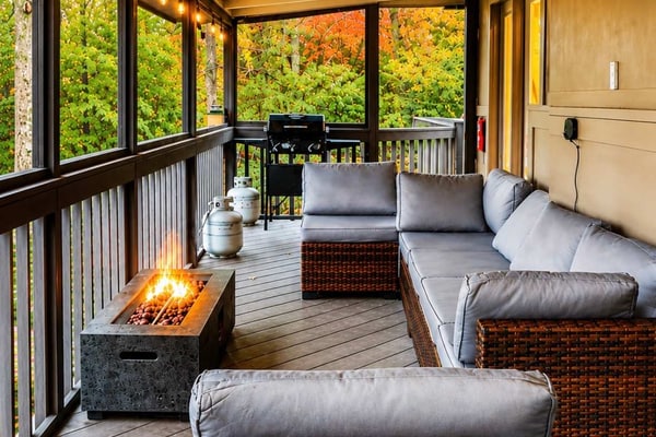 Mountain magic home meets cozy comfort w/two gas fire pits & bubbling hot tub