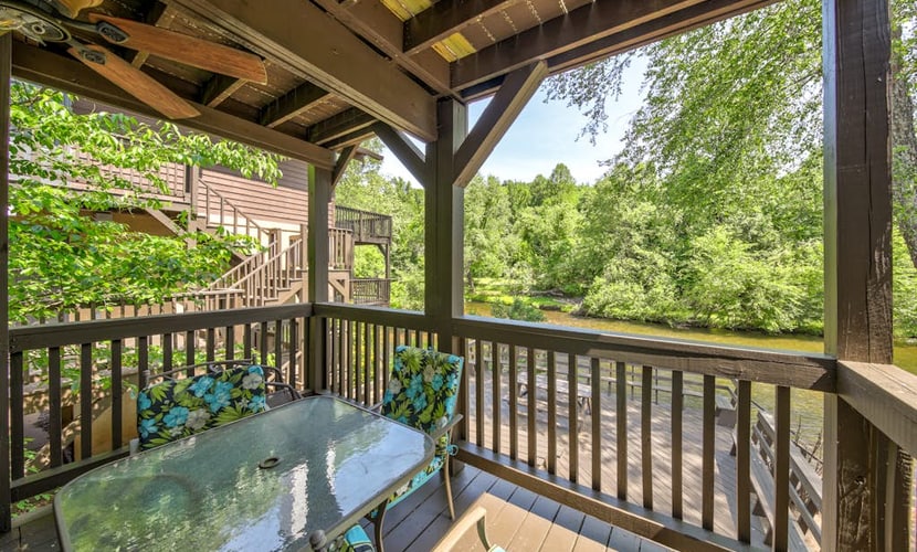 Dog-friendly waterfront condo with full kitchen, furnished deck and river views