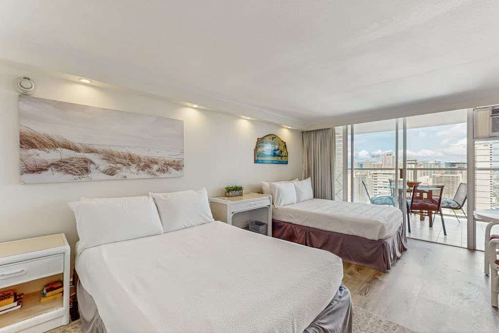 Spacious studio condo with private lanai, kitchenette, & shared pool