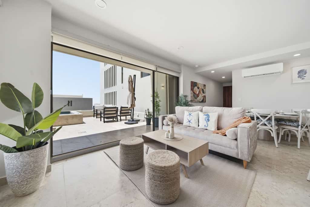 Enjoy this two-bedroom condo, thoughtfully designed with amazing ocean views
• One king-size bed and two single size beds
• Pool with parcial ocean views and sun loungers
• Private balcony with outdoor furniture
• Business center
• Fitness center
• Fifteen minutes driving to Cabo San Lucas downtown
• Convenience stores nearby
• Fully equipped kitchen, smart TV, and AC
• 24/7 security and controlled access