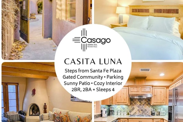 Welcome to Casita Sol & Luna, two adobe condos that can be combined into one home base for your whole group in the heart of downtown Santa Fe. Steps from the Plaza, you have four bedrooms, four baths, and room for 8 across two side-by-side units, each with its own kitchen, living room, and private outdoor space. Gather by a glowing kiva fireplace, cook together, and wander to galleries, museums, and world-class dining, then spread out to recharge. This is downtown Santa Fe, elevated.