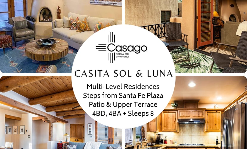 Welcome to Casita Sol & Luna, two adobe condos that can be combined into one home base for your whole group in the heart of downtown Santa Fe. Steps from the Plaza, you have four bedrooms, four baths, and room for 8 across two side-by-side units, each with its own kitchen, living room, and private outdoor space. Gather by a glowing kiva fireplace, cook together, and wander to galleries, museums, and world-class dining, then spread out to recharge. This is downtown Santa Fe, elevated.