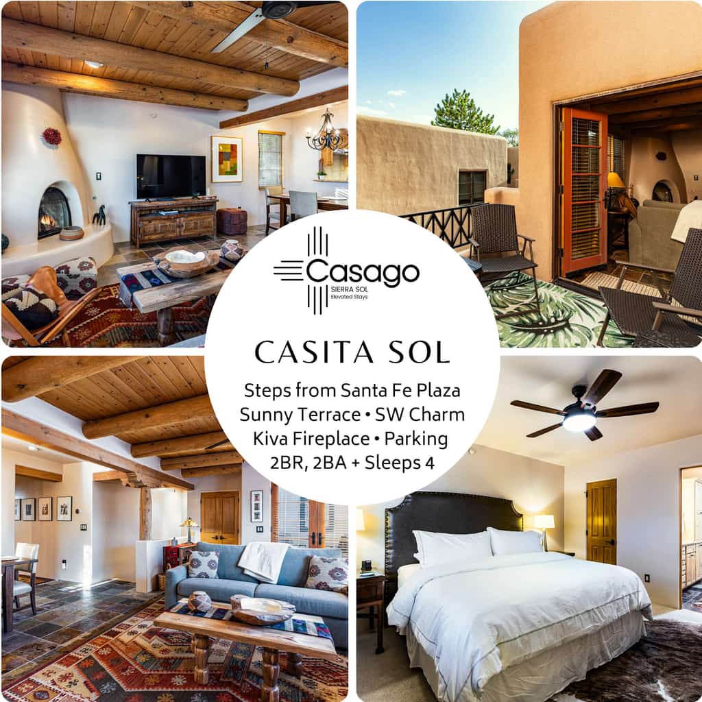 Welcome to Casita Sol & Luna, two adobe condos that can be combined into one home base for your whole group in the heart of downtown Santa Fe. Steps from the Plaza, you have four bedrooms, four baths, and room for 8 across two side-by-side units, each with its own kitchen, living room, and private outdoor space. Gather by a glowing kiva fireplace, cook together, and wander to galleries, museums, and world-class dining, then spread out to recharge. This is downtown Santa Fe, elevated.