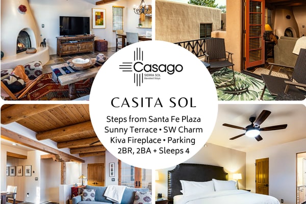 Welcome to Casita Sol & Luna, two adobe condos that can be combined into one home base for your whole group in the heart of downtown Santa Fe. Steps from the Plaza, you have four bedrooms, four baths, and room for 8 across two side-by-side units, each with its own kitchen, living room, and private outdoor space. Gather by a glowing kiva fireplace, cook together, and wander to galleries, museums, and world-class dining, then spread out to recharge. This is downtown Santa Fe, elevated.