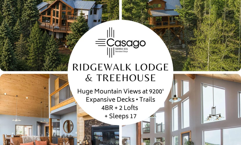 Welcome to RidgeWalk Lodge & Treehouse, an entire private mountain retreat perched at 9,200 feet above Angel Fire. Book both structures together and spread your whole group across a spacious lodge and a charming treehouse, with room for seventeen, six bedrooms, and sweeping valley and forest views from nearly every window. Gather by the fire, unwind in the sauna, grill on the decks, and watch for deer and elk, then set out for skiing, hiking, and mountain adventures just minutes away.