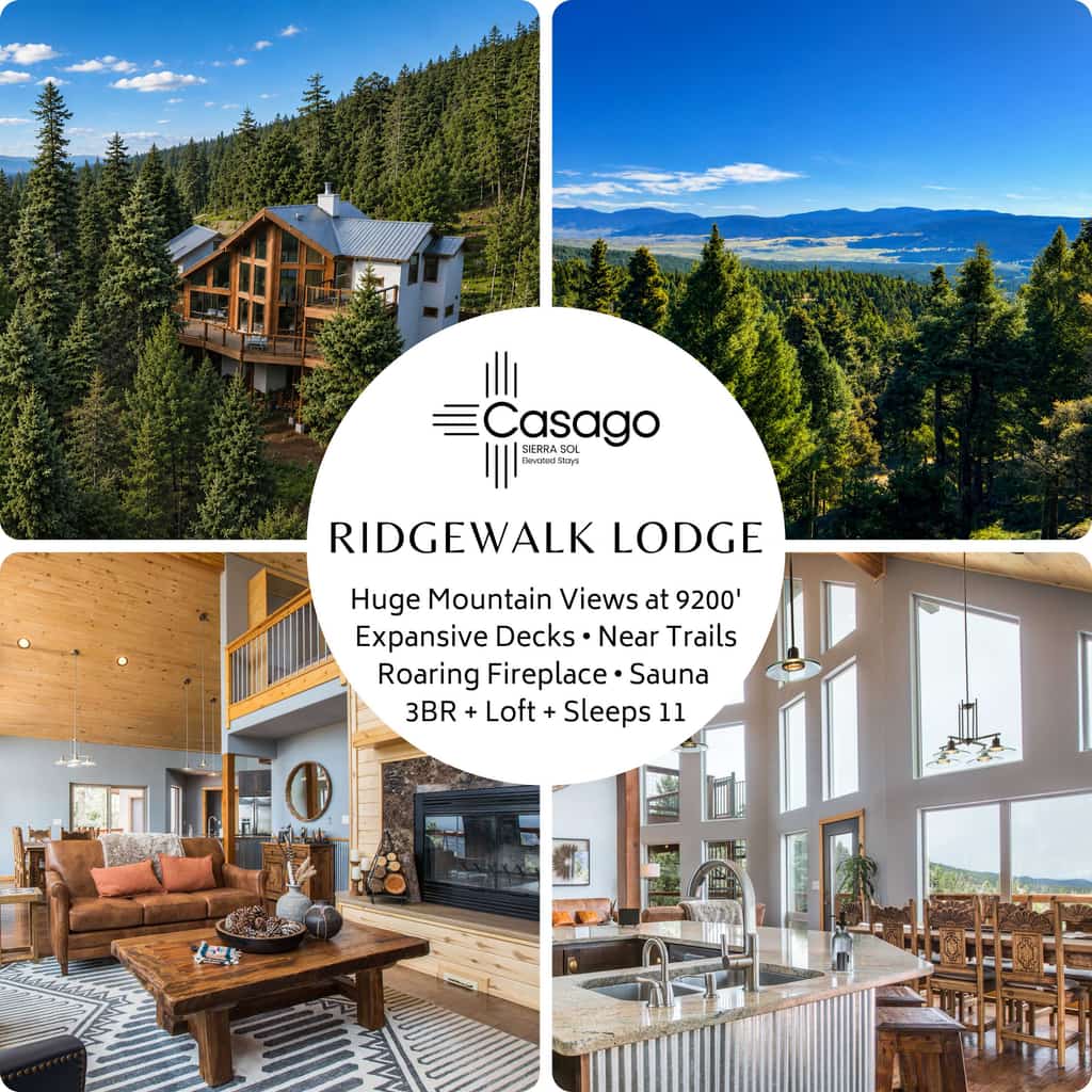Welcome to RidgeWalk Lodge & Treehouse, an entire private mountain retreat perched at 9,200 feet above Angel Fire. Book both structures together and spread your whole group across a spacious lodge and a charming treehouse, with room for seventeen, six bedrooms, and sweeping valley and forest views from nearly every window. Gather by the fire, unwind in the sauna, grill on the decks, and watch for deer and elk, then set out for skiing, hiking, and mountain adventures just minutes away.