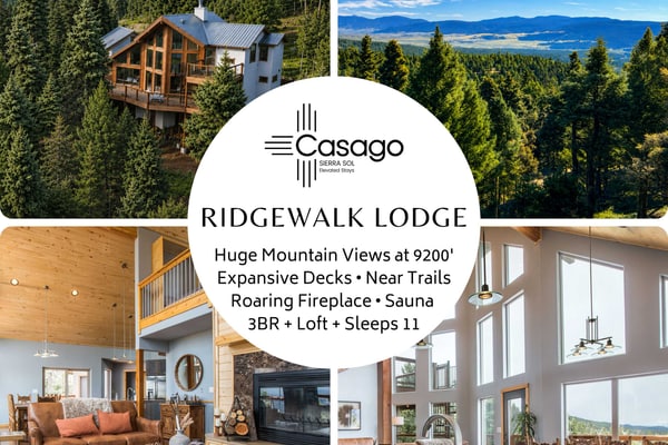 Welcome to RidgeWalk Lodge & Treehouse, an entire private mountain retreat perched at 9,200 feet above Angel Fire. Book both structures together and spread your whole group across a spacious lodge and a charming treehouse, with room for seventeen, six bedrooms, and sweeping valley and forest views from nearly every window. Gather by the fire, unwind in the sauna, grill on the decks, and watch for deer and elk, then set out for skiing, hiking, and mountain adventures just minutes away.