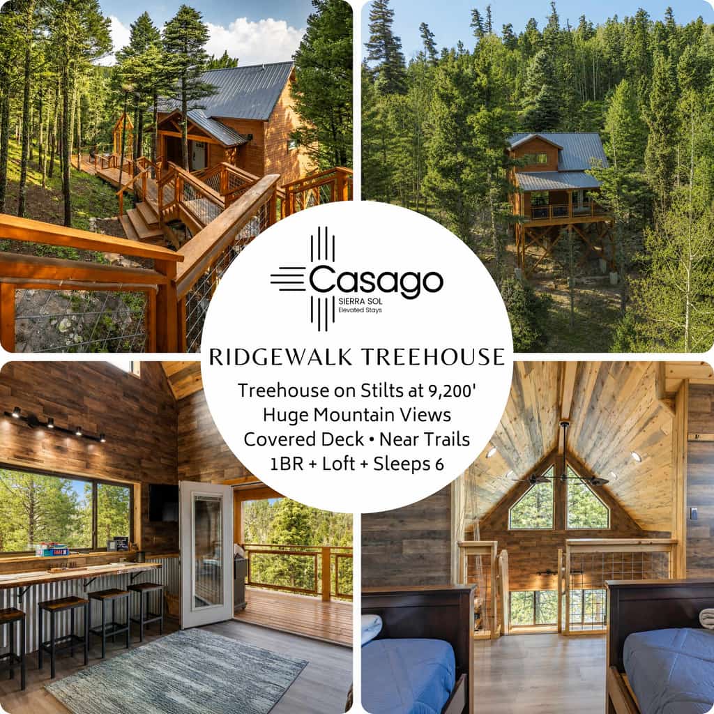 Welcome to RidgeWalk Lodge & Treehouse, an entire private mountain retreat perched at 9,200 feet above Angel Fire. Book both structures together and spread your whole group across a spacious lodge and a charming treehouse, with room for seventeen, six bedrooms, and sweeping valley and forest views from nearly every window. Gather by the fire, unwind in the sauna, grill on the decks, and watch for deer and elk, then set out for skiing, hiking, and mountain adventures just minutes away.
