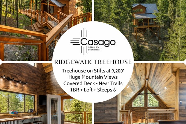 Welcome to RidgeWalk Lodge & Treehouse, an entire private mountain retreat perched at 9,200 feet above Angel Fire. Book both structures together and spread your whole group across a spacious lodge and a charming treehouse, with room for seventeen, six bedrooms, and sweeping valley and forest views from nearly every window. Gather by the fire, unwind in the sauna, grill on the decks, and watch for deer and elk, then set out for skiing, hiking, and mountain adventures just minutes away.