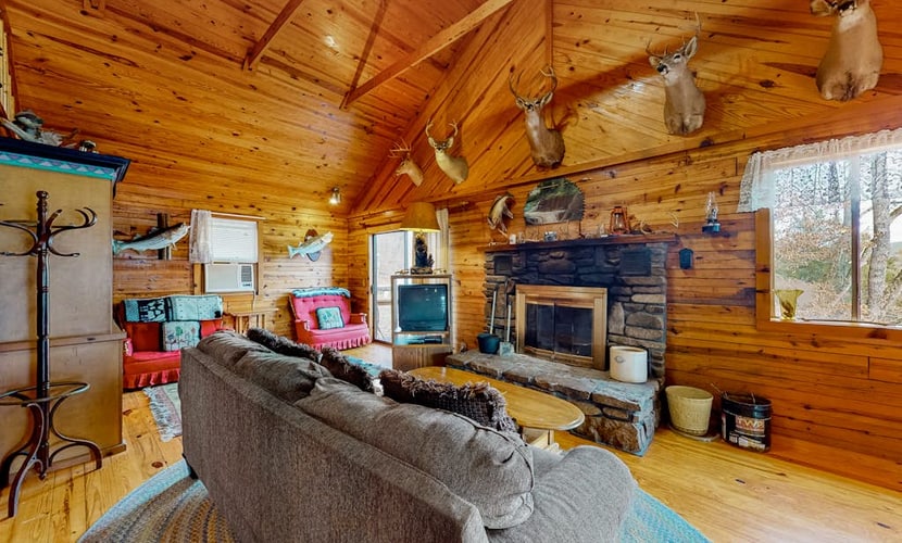 Lakefront dog-friendly log cabin with private boat access, firepit, & grill